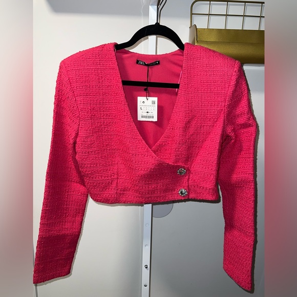 Zara Jackets & Blazers - Zara Hot Pink Cropped Tweed Blazer with Decorative Buttons